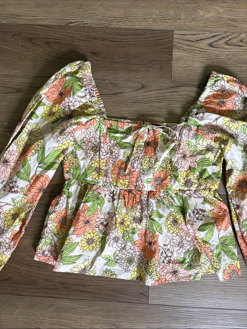 J. Crew Floral Square-Neck Peplum Blouse in White, Orange, Green